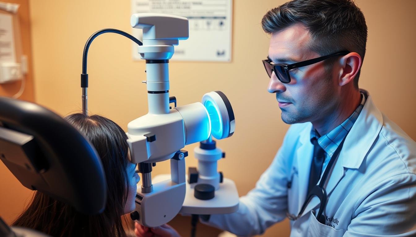 Eye doctor performing a slit lamp examination to diagnose iris conditions