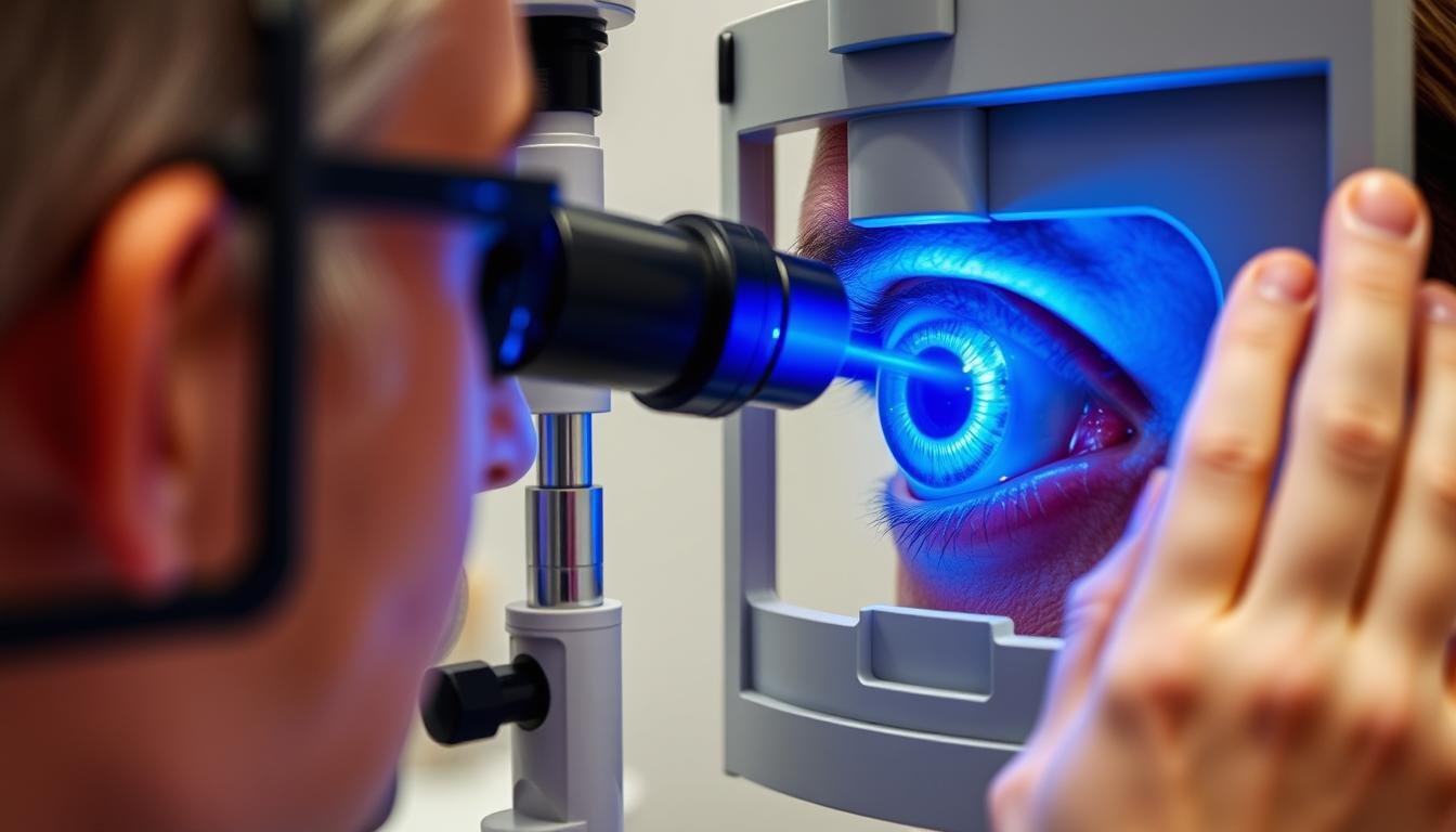 Eye examination focusing on the iris (medical term) using a slit lamp Eye examination focusing on the iris (medical term) using a slit lamp