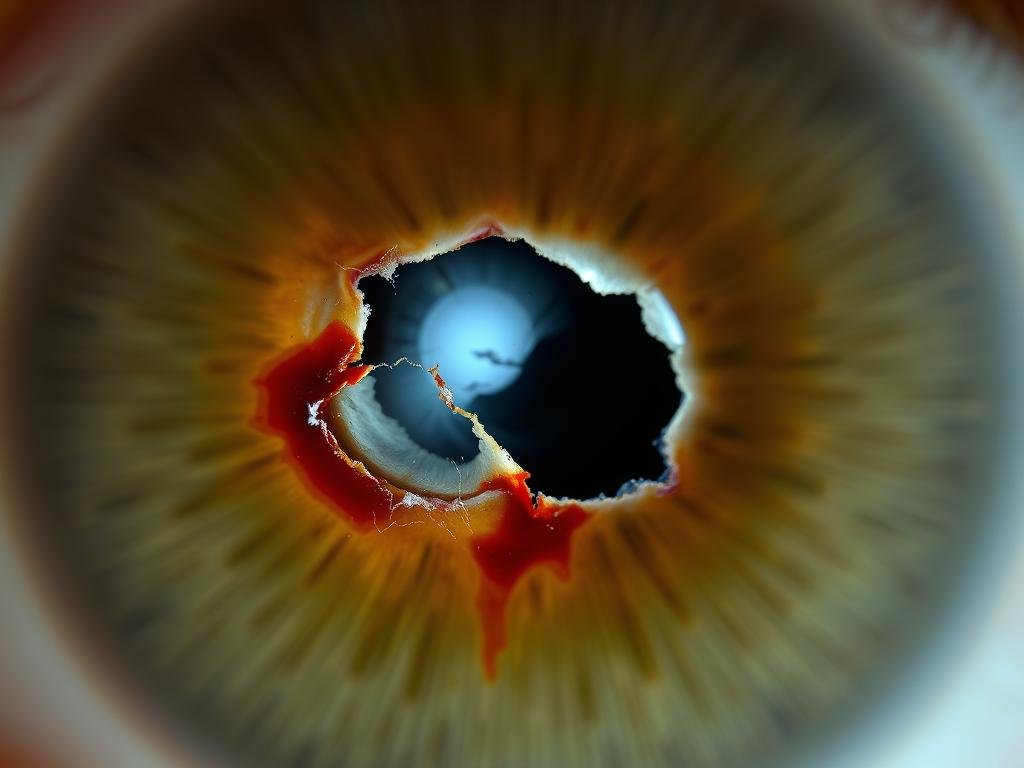 Eye with iris trauma showing damage to the iris structure