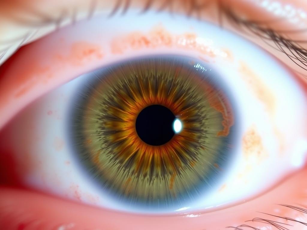 Eye with iritis showing redness and inflammation of the iris