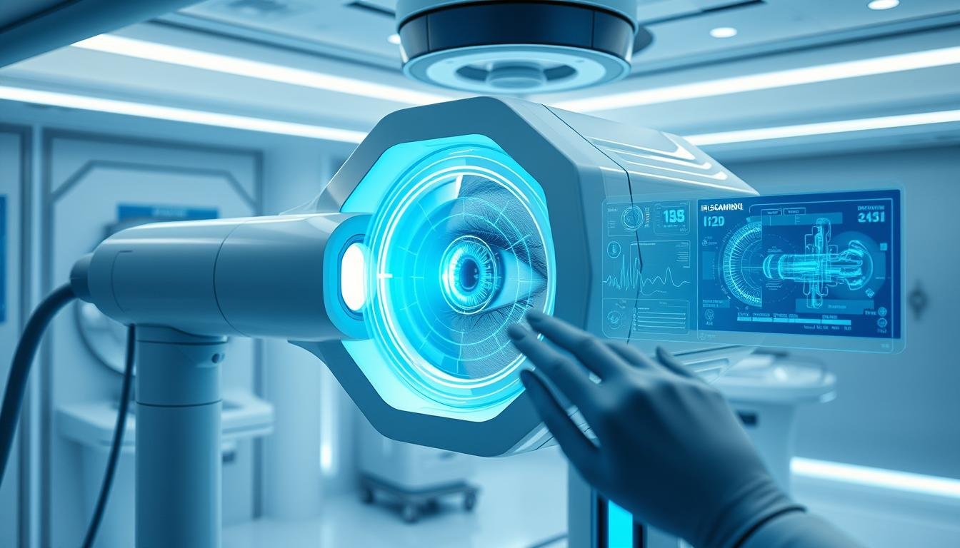 Futuristic Medical Iris scanning integrated with AI diagnostics