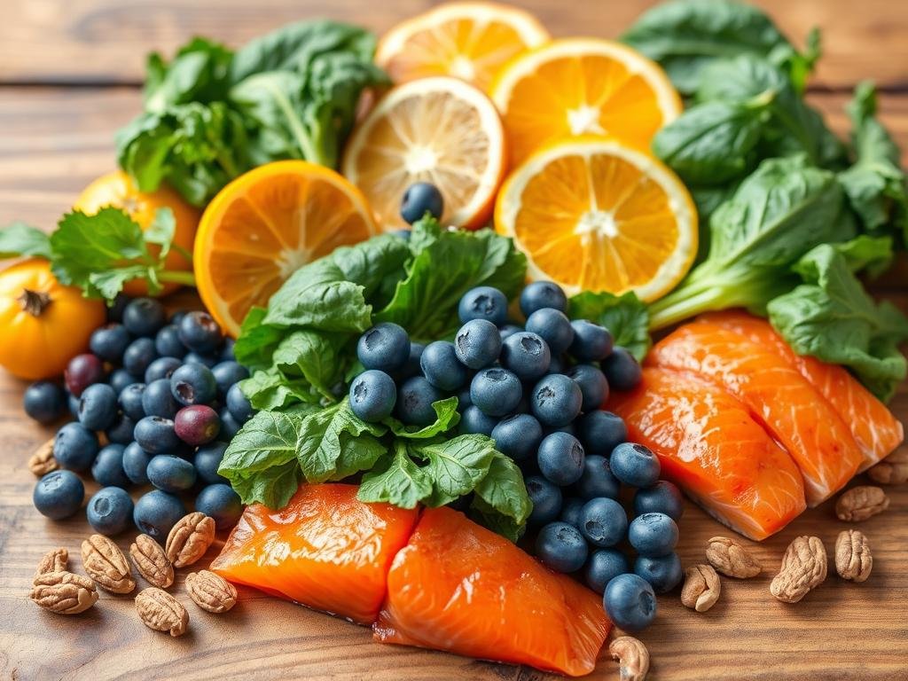Healthy foods that support eye and iris health including leafy greens and fish