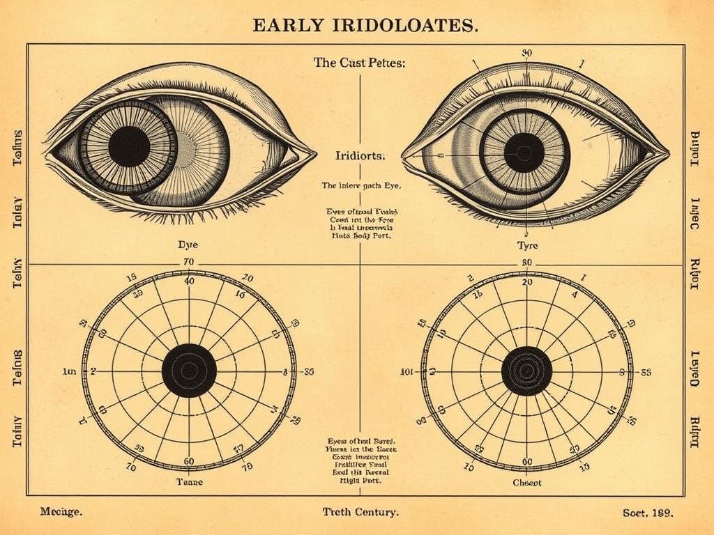 Historical illustration of early eye iridology charts from the 19th century