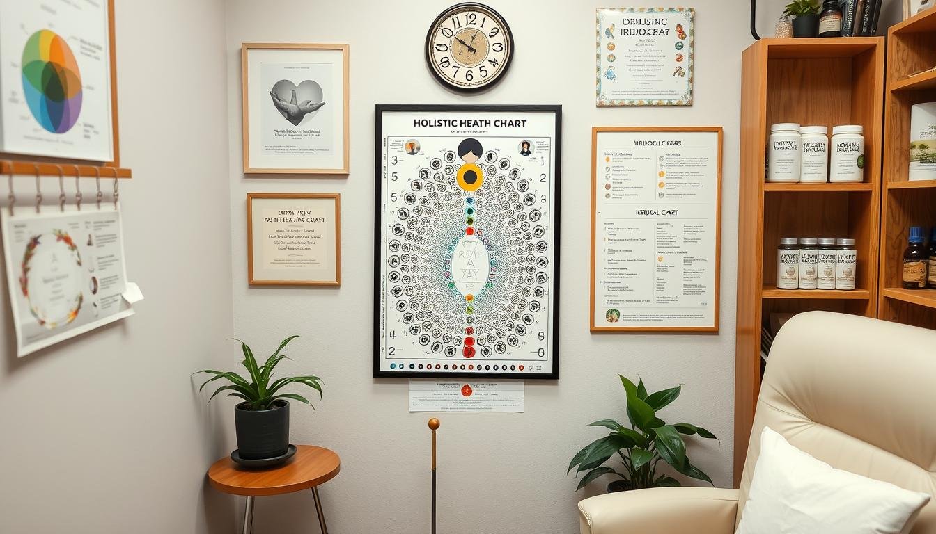 Holistic health practitioner using iridology map as part of comprehensive wellness assessment