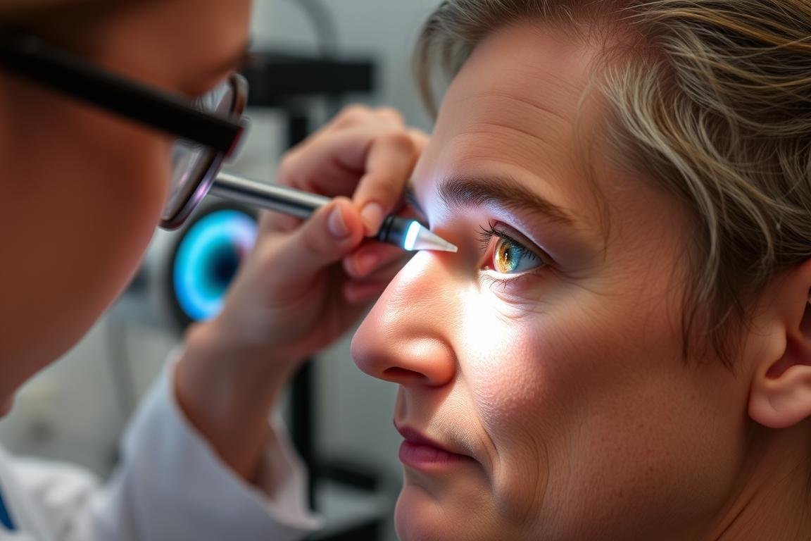 Holistic iridologist performing pupil reactivity test with specialized equipment
