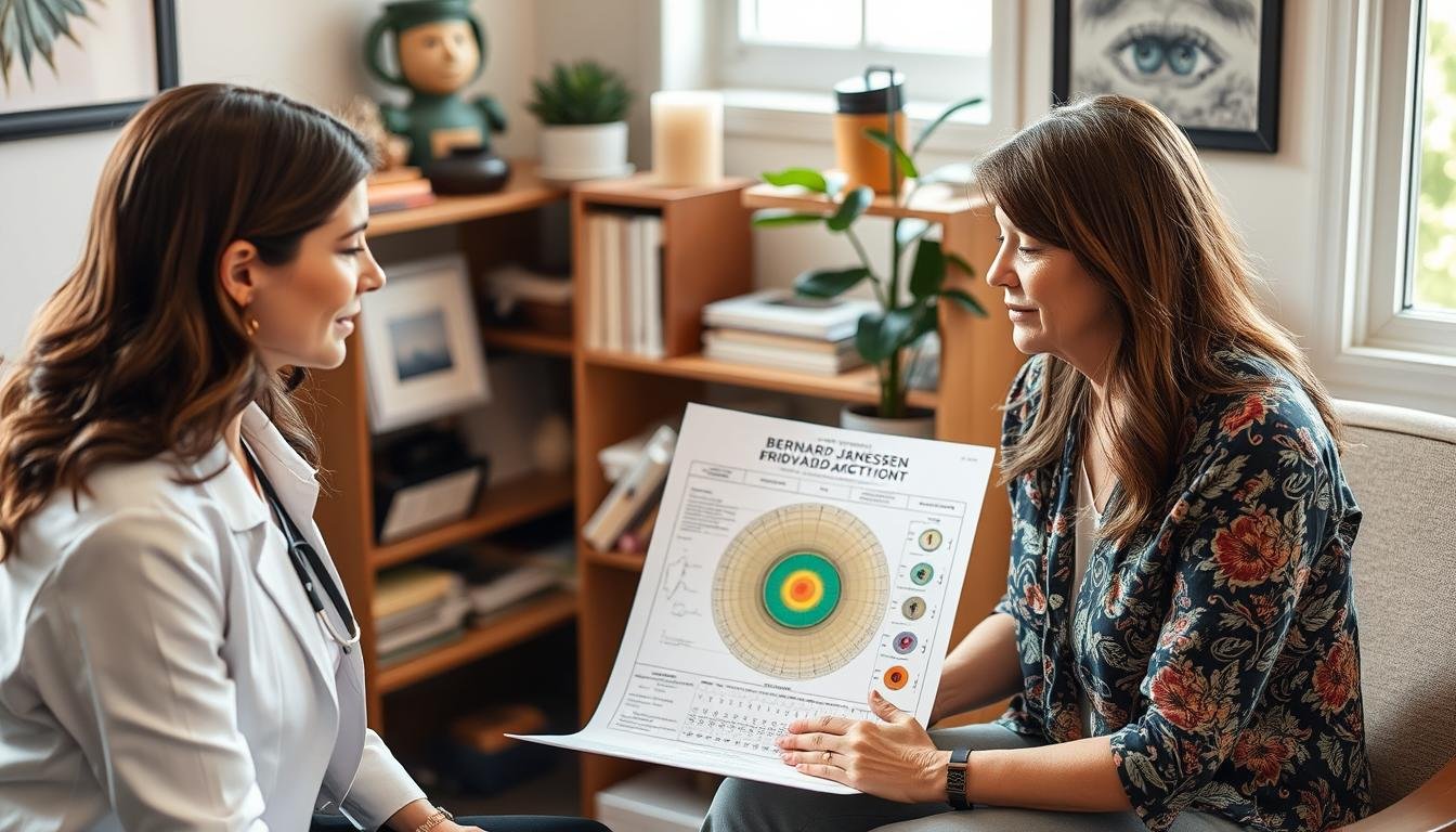 Holistic practitioner using Bernard Jensen iridology chart as part of integrated health assessment Holistic practitioner using Bernard Jensen iridology chart as part of integrated health assessment