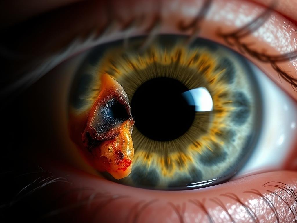 Image showing traumatic injury to the iris (medical term) with visible damage to iris structure Image showing traumatic injury to the iris (medical term) with visible damage to iris structure