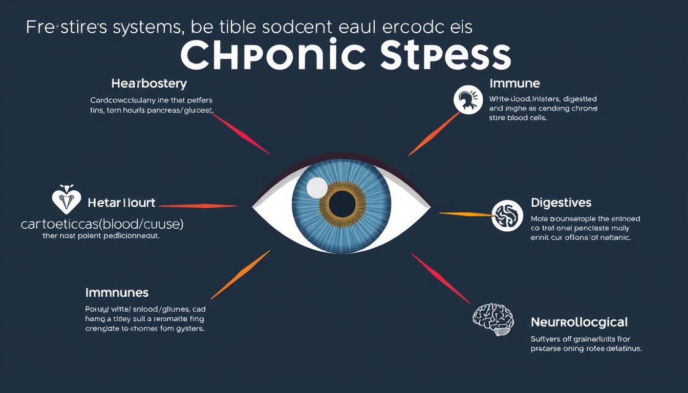 Infographic showing various health systems affected by chronic stress with iris stress rings at the center