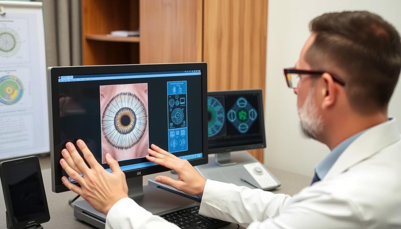 Iridologist analyzing a digital image of a right eye iris using an iridology eye chart right eye software