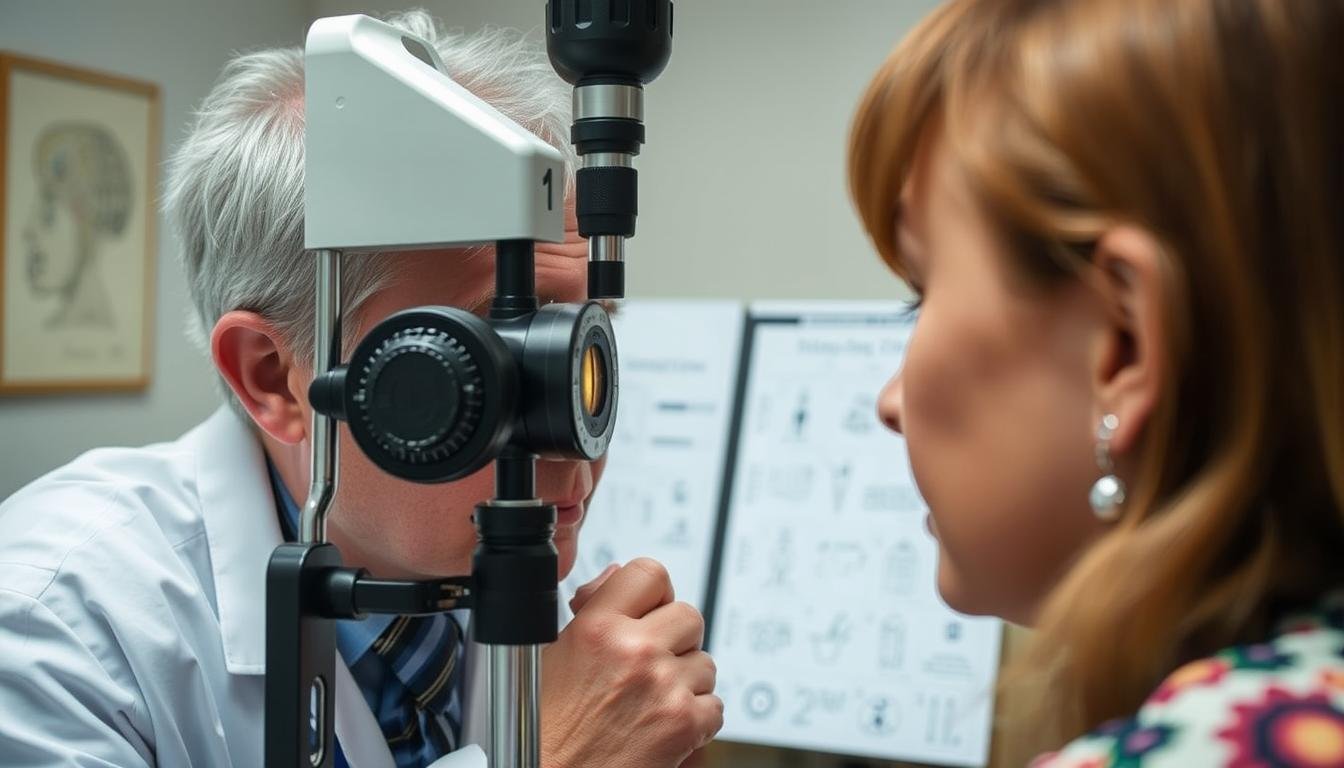 Iridologist analyzing a patient's iris using specialized equipment and iridology map