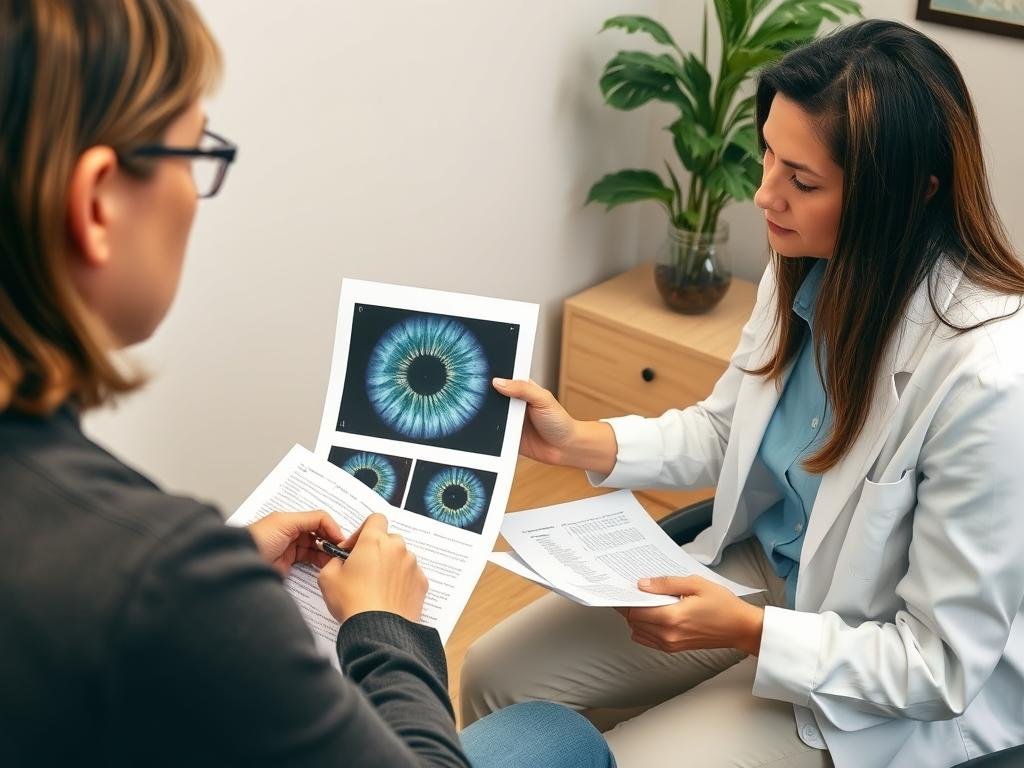 Iridologist consulting with patient while reviewing health history forms and iris photographs Iridologist consulting with patient while reviewing health history forms and iris photographs