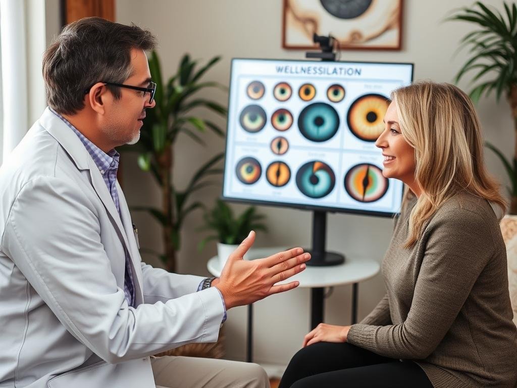 Iridologist discussing findings with a client and suggesting holistic health recommendations Iridologist discussing findings with a client and suggesting holistic health recommendations