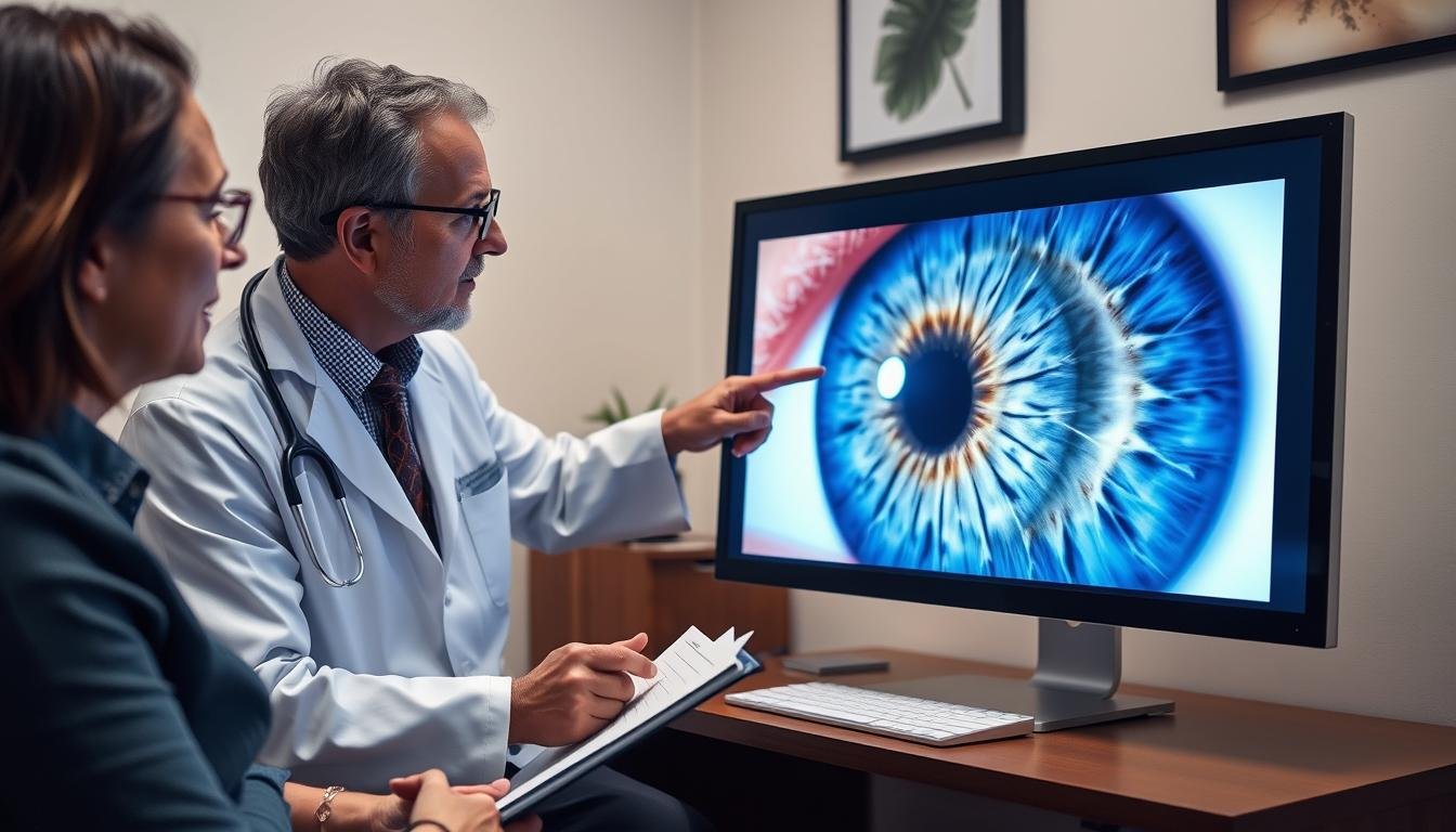 Iridologist doctor discussing potential health indicators with a patient while reviewing iris photographs