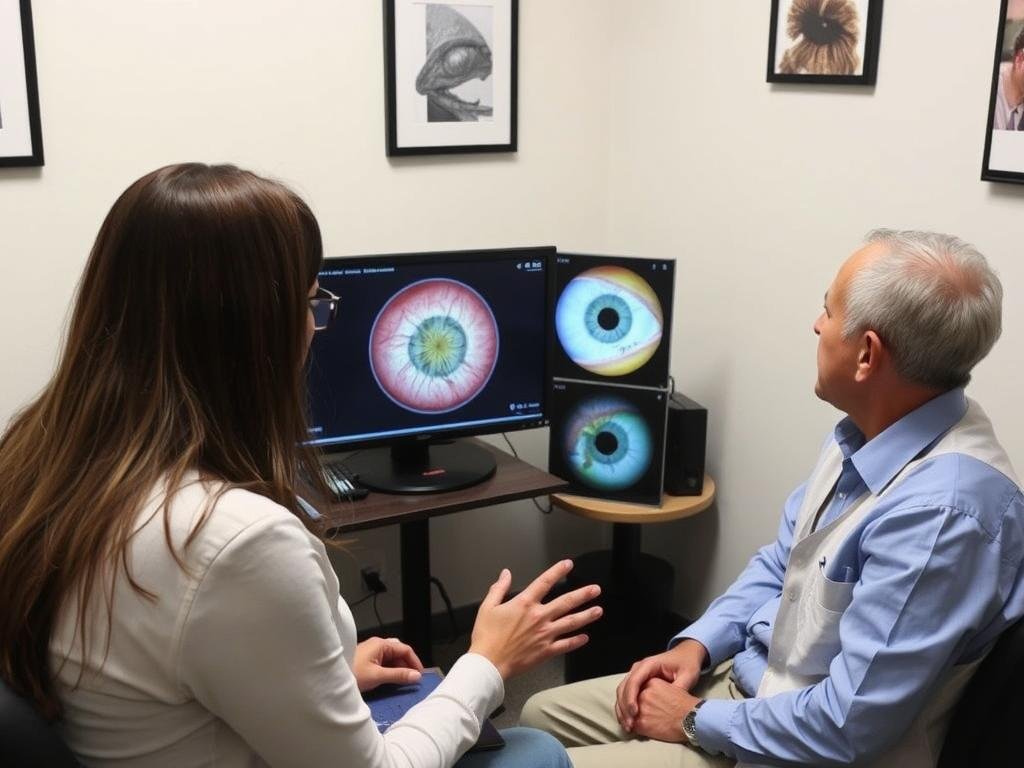 Iridologist doctor explaining iris analysis results to a patient using digital displays