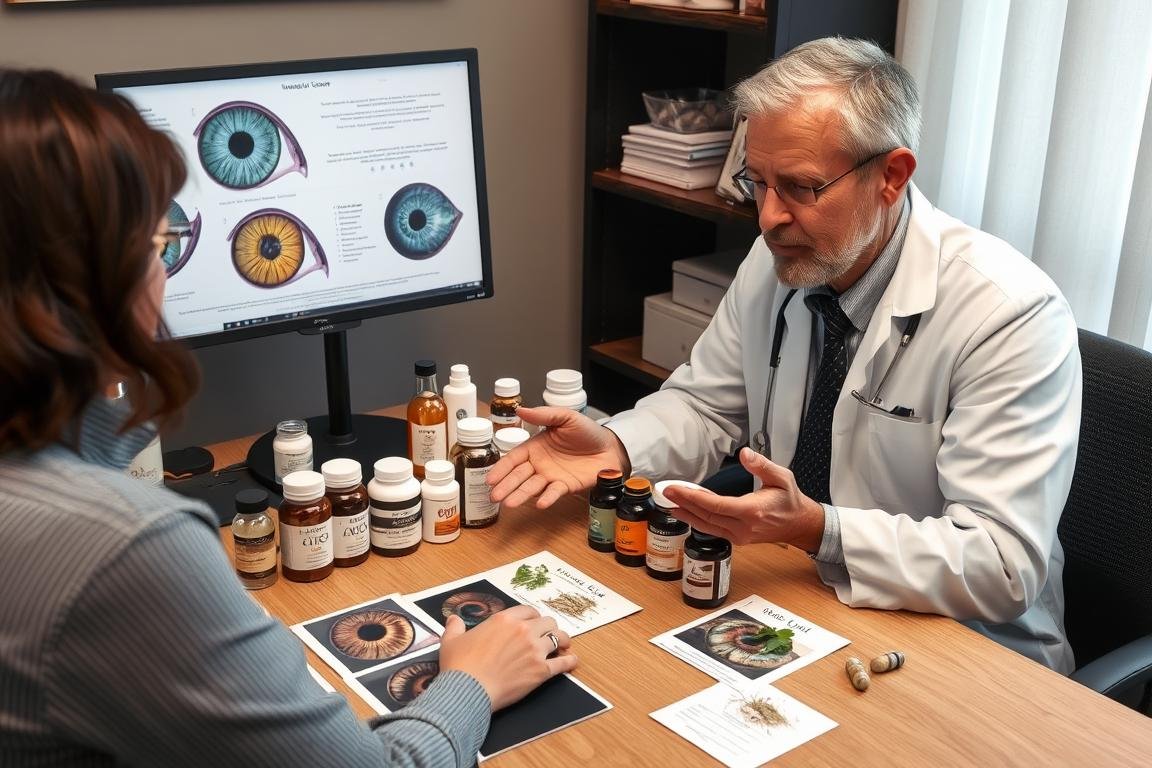 Iridologist doctor recommending natural supplements based on iris analysis
