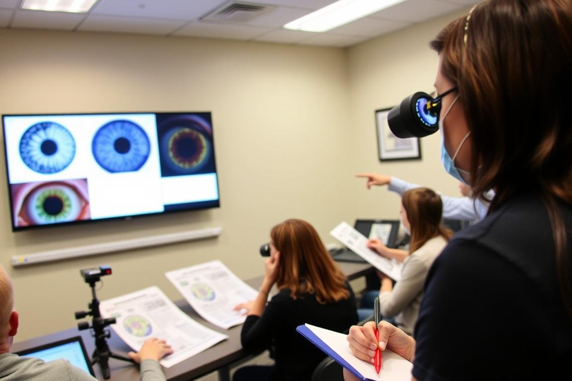 Iridologist doctor studying iris patterns during professional training