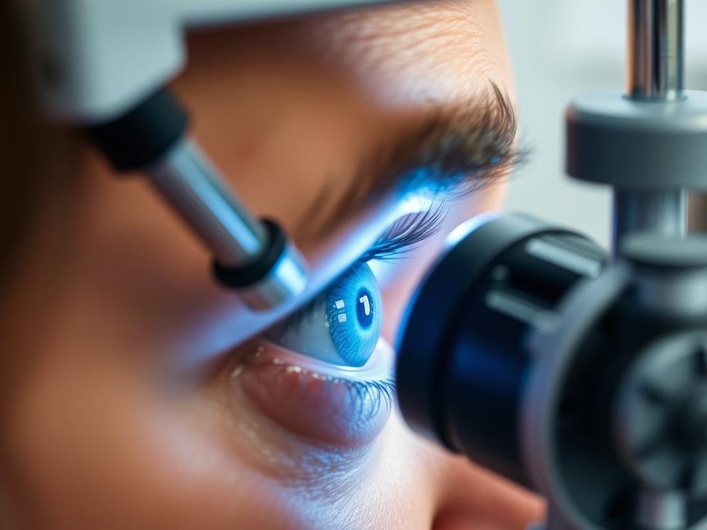 Iridologist examining a patient's iris with a specialized magnifying device