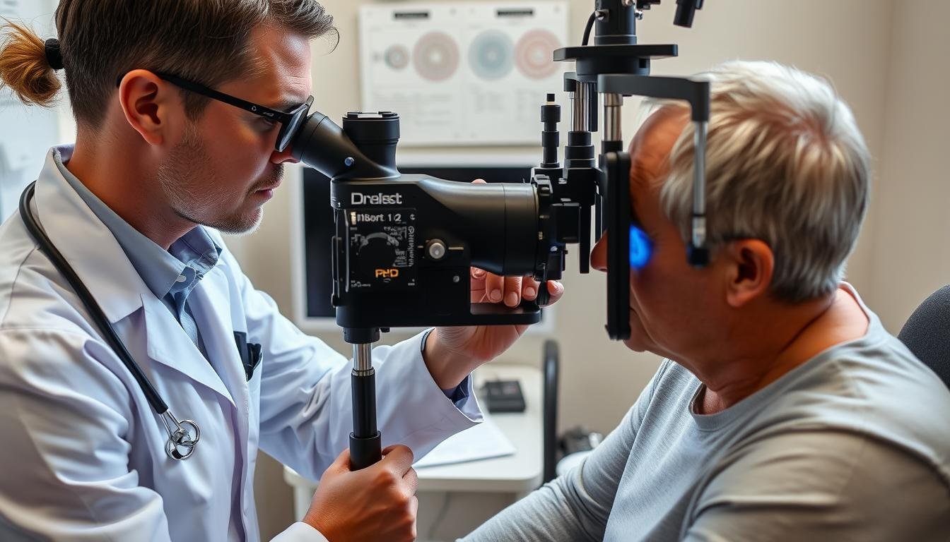 Iridologist examining a patient's iris with specialized equipment showing iridology cancer signs assessment