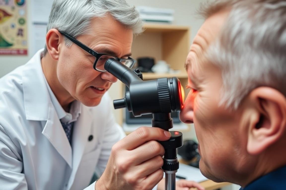 Iridologist examining a right eye iris using an iridology eye chart right eye reference