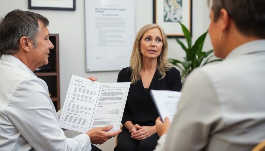 Iridologist explaining the scope and limitations of iridology to a client Iridologist explaining the scope and limitations of iridology to a client