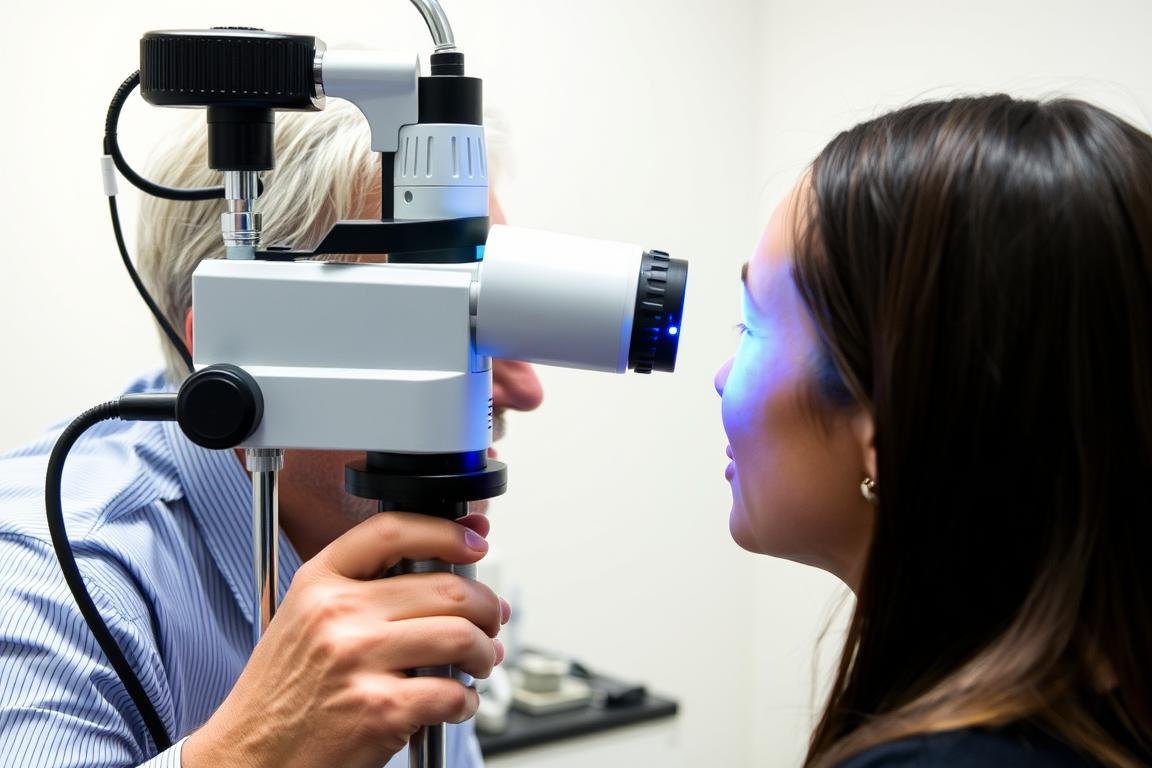 Iridologist using a slit lamp to examine a patient's iris
