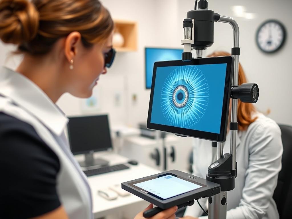 Iridologist using digital equipment in modern clinic setting for iridology certification Canada practice