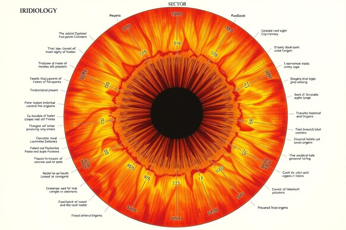 Iridology chart showing different iris patterns and their interpretations