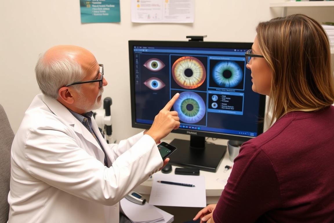 Iridology doctor discussing iris analysis results with a patient