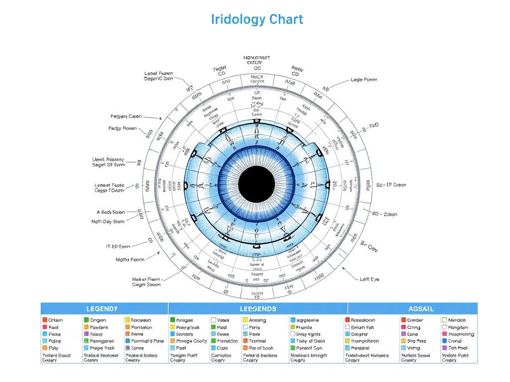 Iridology left eye chart showing organ correlations and body systems