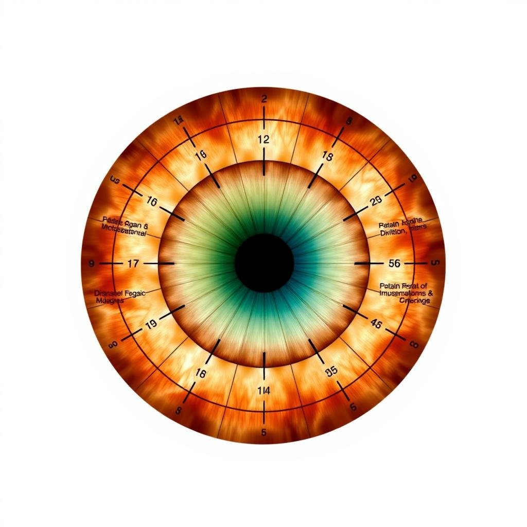 Iridology map showing the iris divided into clock-like segments with organ correspondences