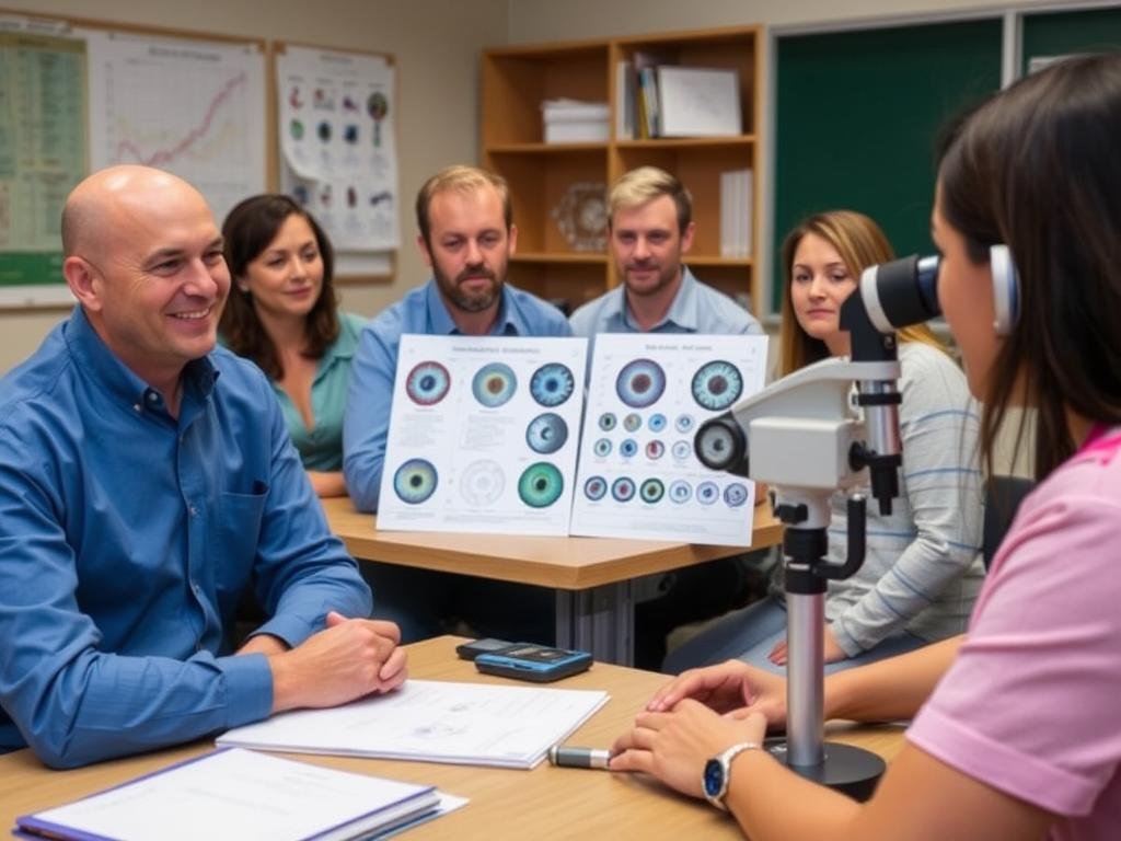Iridology training session with students learning iris analysis techniques
