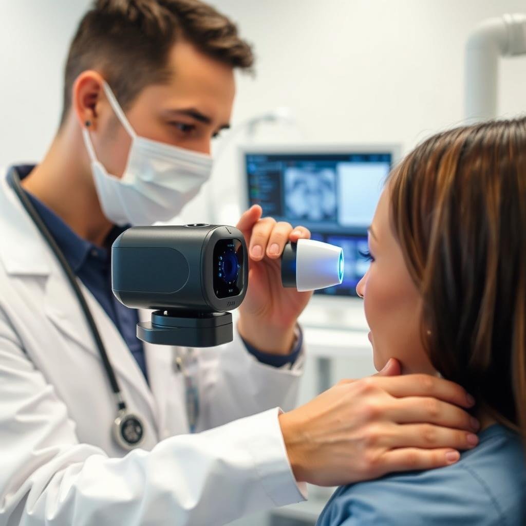 Medical Iris scanning device being used in a healthcare setting