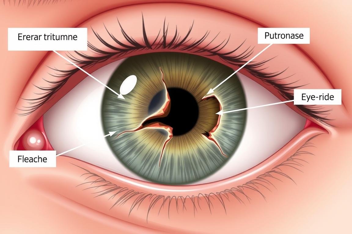 Medical illustration showing how trauma can damage the iris structure Medical illustration showing how trauma can damage the iris structure