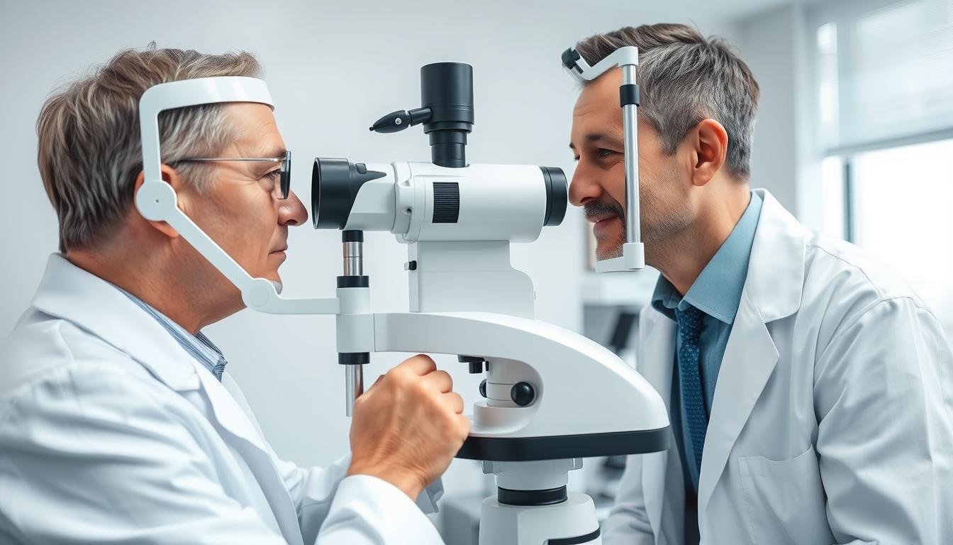 Medical ophthalmologist conducting a comprehensive eye examination using modern equipment Medical ophthalmologist conducting a comprehensive eye examination using modern equipment