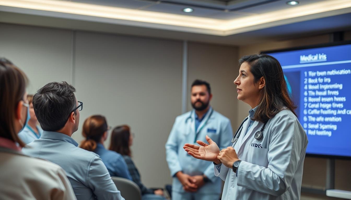 Medical professional answering questions about Medical Iris technology