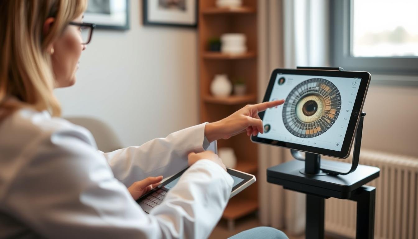 Medical professional discussing iridology eye chart right eye analysis with a patient