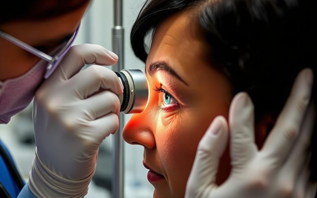 Medical professional examining a patient with visible cholesterol ring during iridology assessment Medical professional examining a patient with visible cholesterol ring during iridology assessment