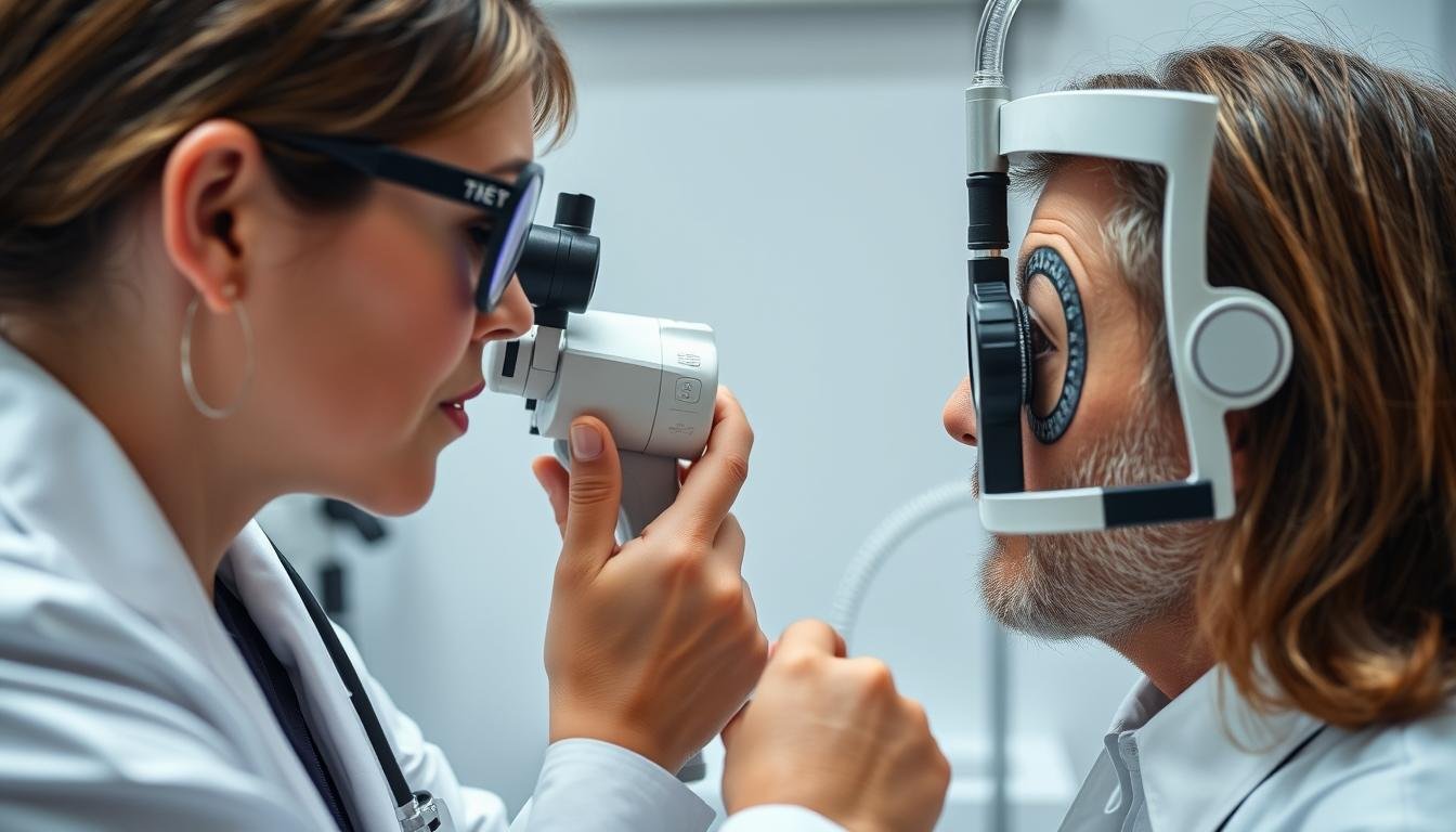Medical professional examining a patient's iris using both conventional and complementary assessment methods Medical professional examining a patient's iris using both conventional and complementary assessment methods