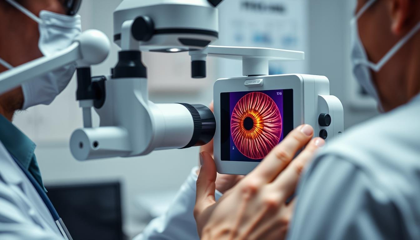 Medical professional examining iris patterns for potential health indicators