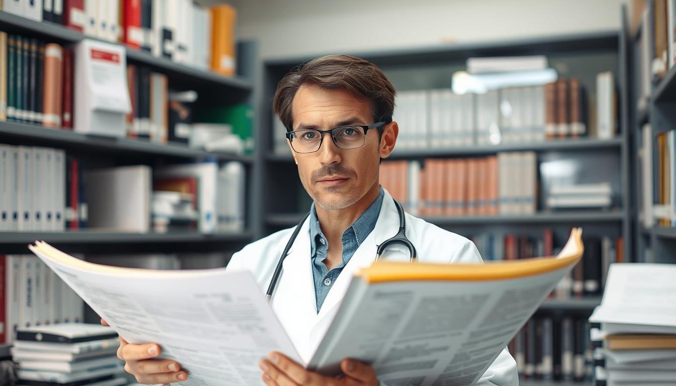 Medical researcher examining scientific literature about eye iridology claims