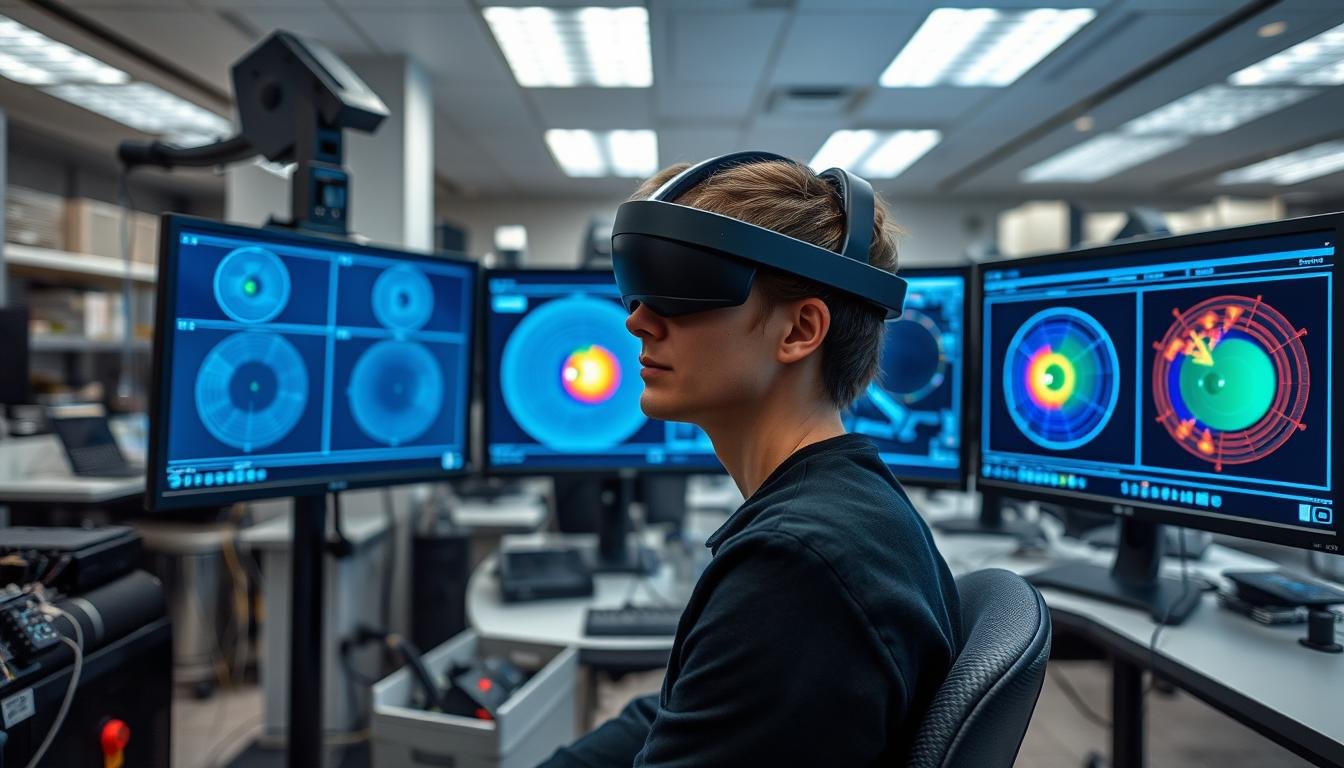 Modern eye-tracking technology being used in a research setting to analyze eye reading patterns Modern eye-tracking technology being used in a research setting to analyze eye reading patterns