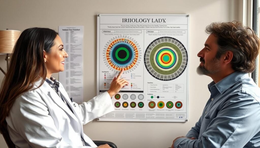 Naturopathic doctor discussing iridology findings with a patient while referencing a chart Naturopathic doctor discussing iridology findings with a patient while referencing a chart
