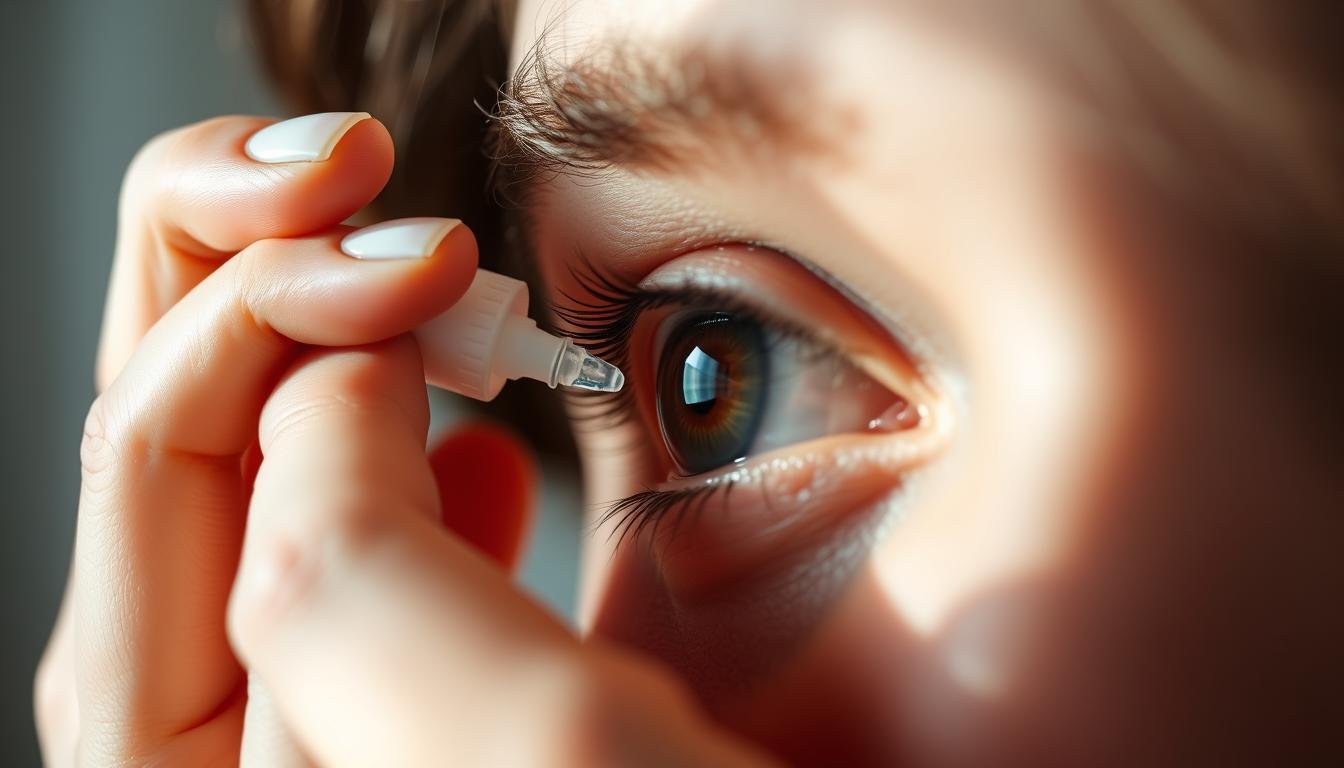 Person applying eye drops as part of regular eye care routine Person applying eye drops as part of regular eye care routine