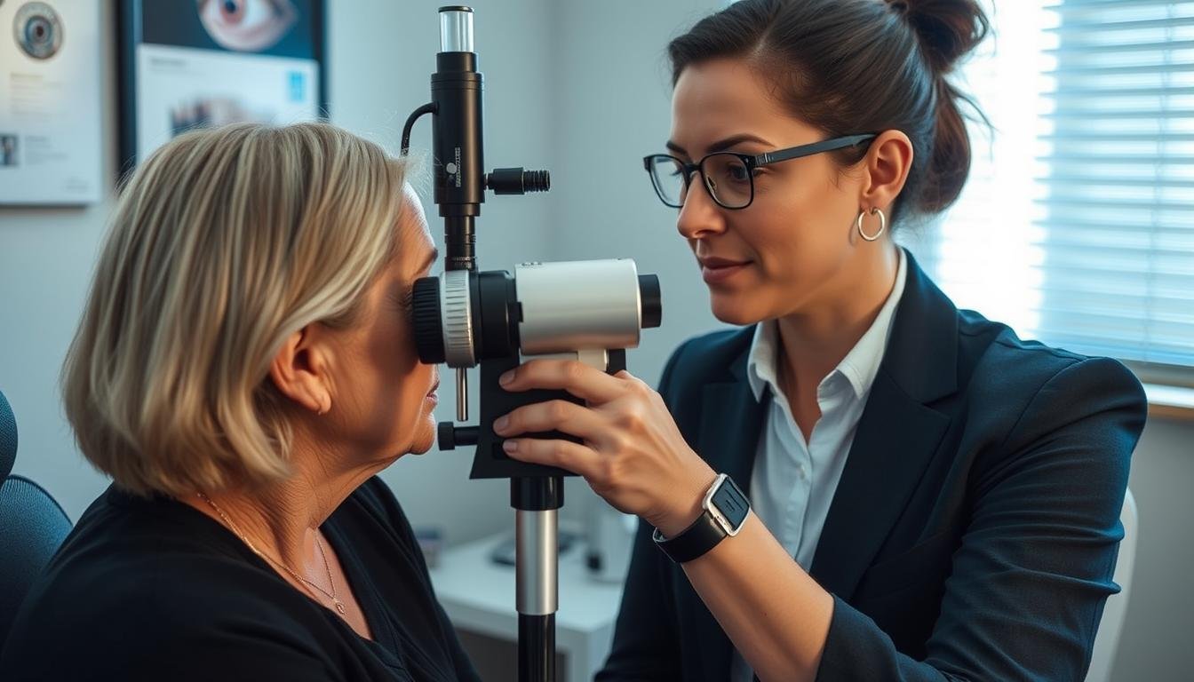 Person consulting with an iridology practitioner examining their left eye