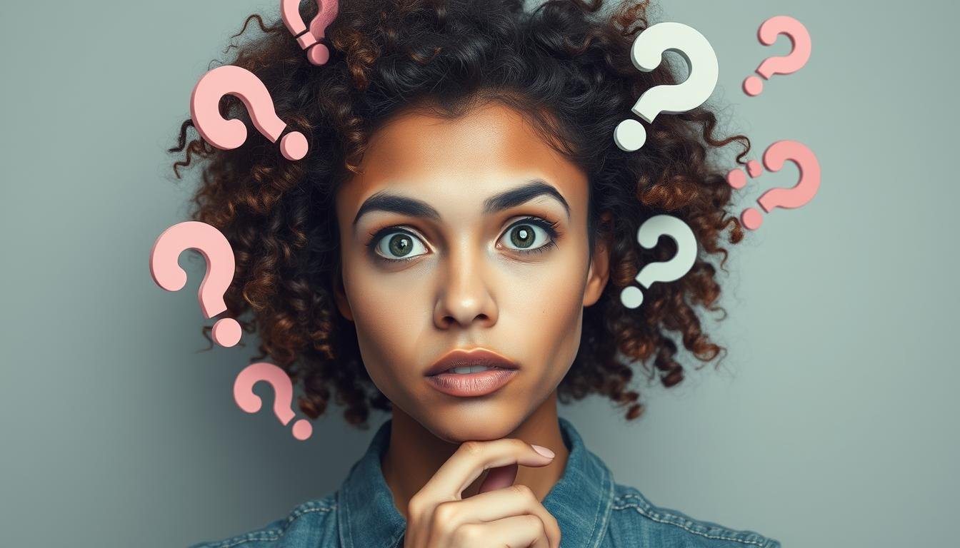 Person demonstrating different eye expressions with question marks overlaid Person demonstrating different eye expressions with question marks overlaid