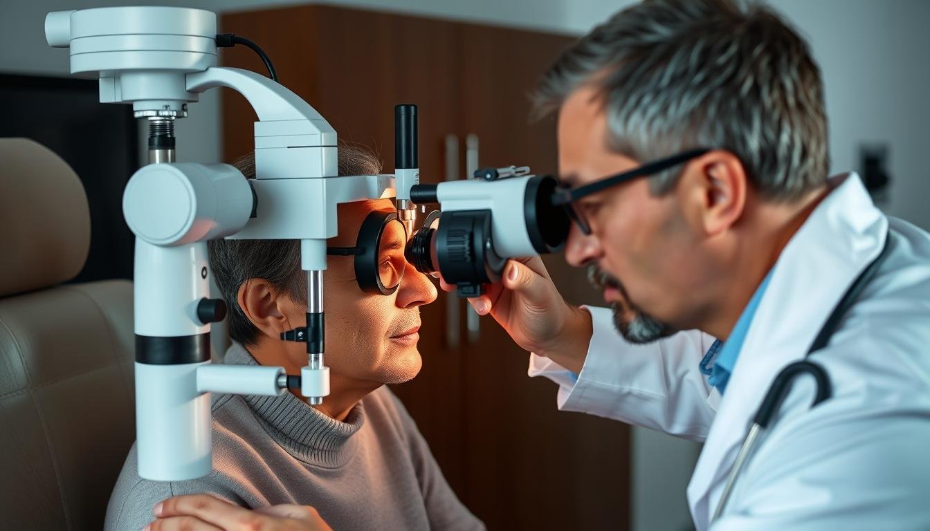 Person having a comprehensive eye examination with an eye care specialist