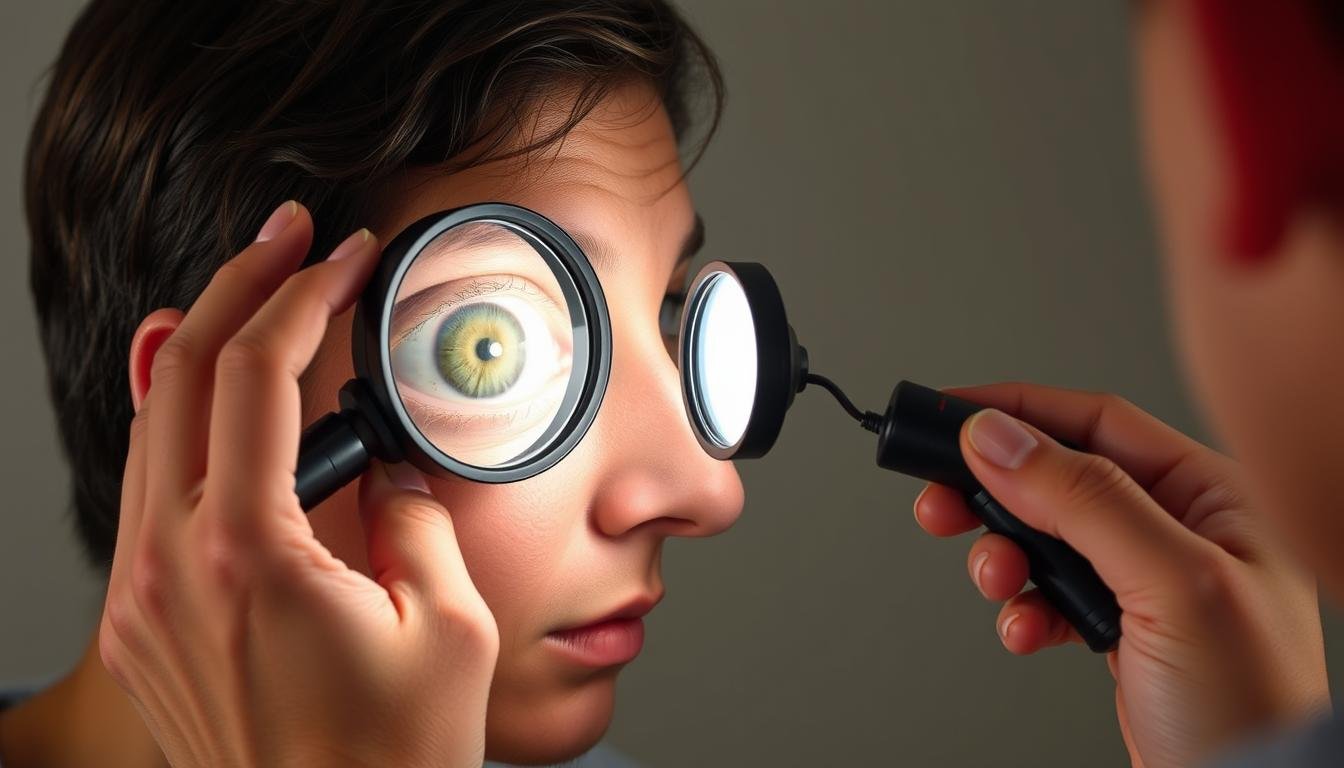 Person performing iris self-analysis with a magnifying mirror and flashlight