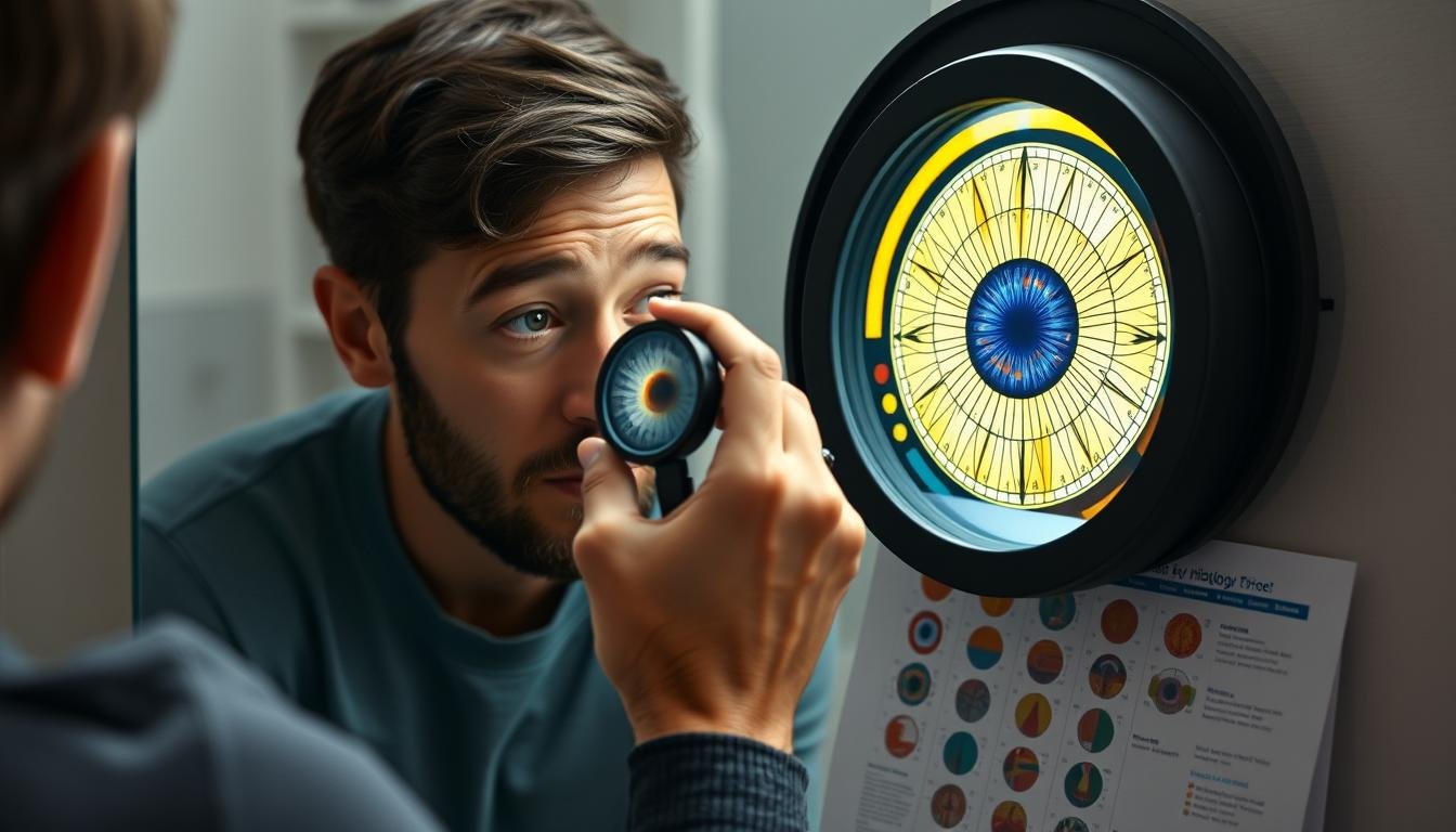 Person performing self-analysis of their iris using a mirror and iridology chart