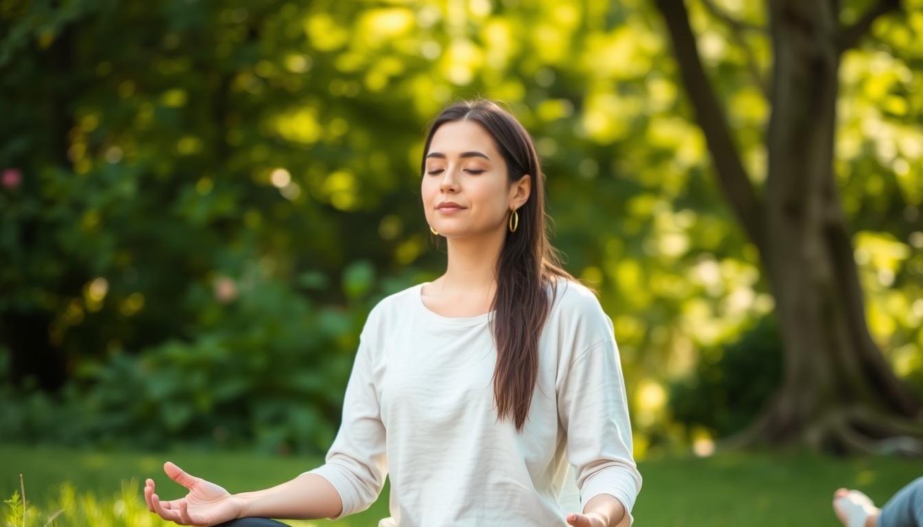 Person practicing stress-reduction techniques that help minimize stress rings in iris