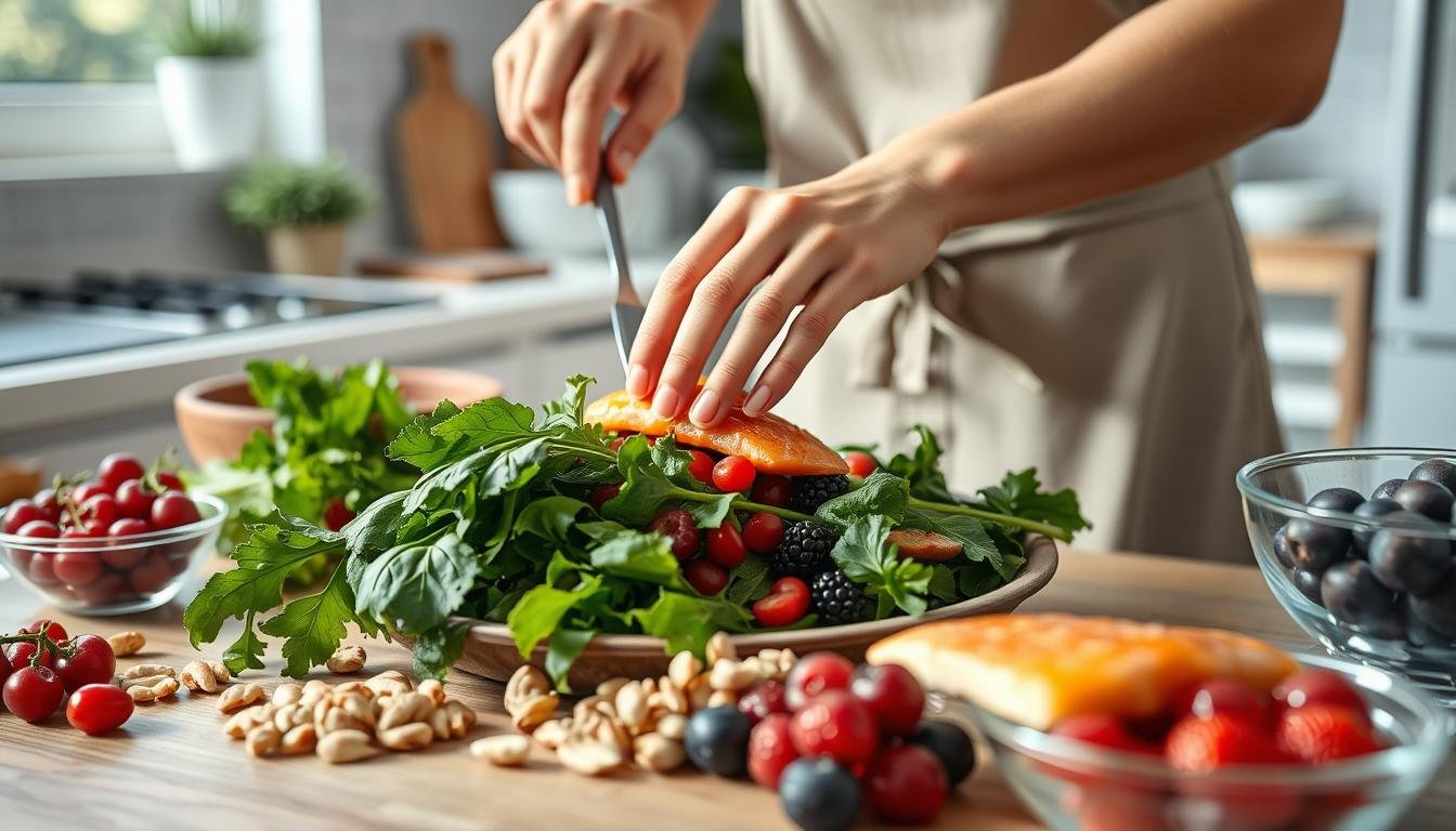 Person preparing an antioxidant-rich meal with eye-healthy ingredients for iridology and eye health benefits